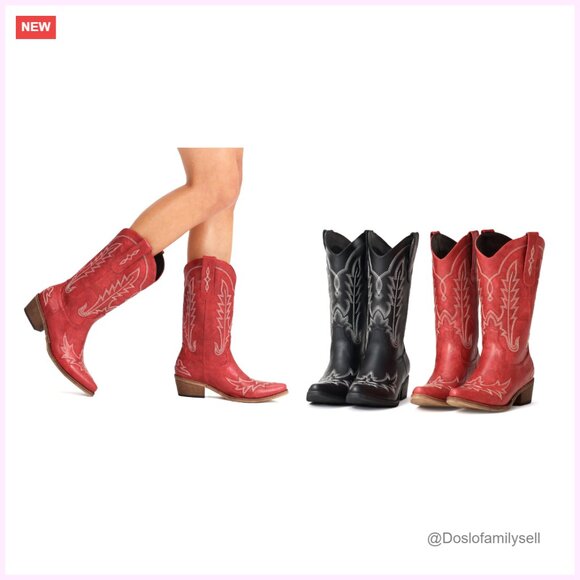 Vintage Western Cowgirl Boots, Chunky Heel, Embroidery, Pull-On, Mid-Calf - Picture 6 of 6